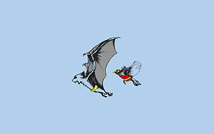 bat with yellow belt and robin bird with mask and belt illustration